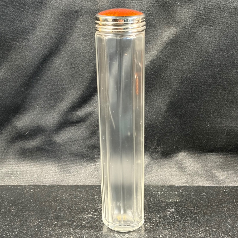 Antique Czech Fluted Glass Vanity Jar Orange Guilloche Enamel Lid Germany 7in
